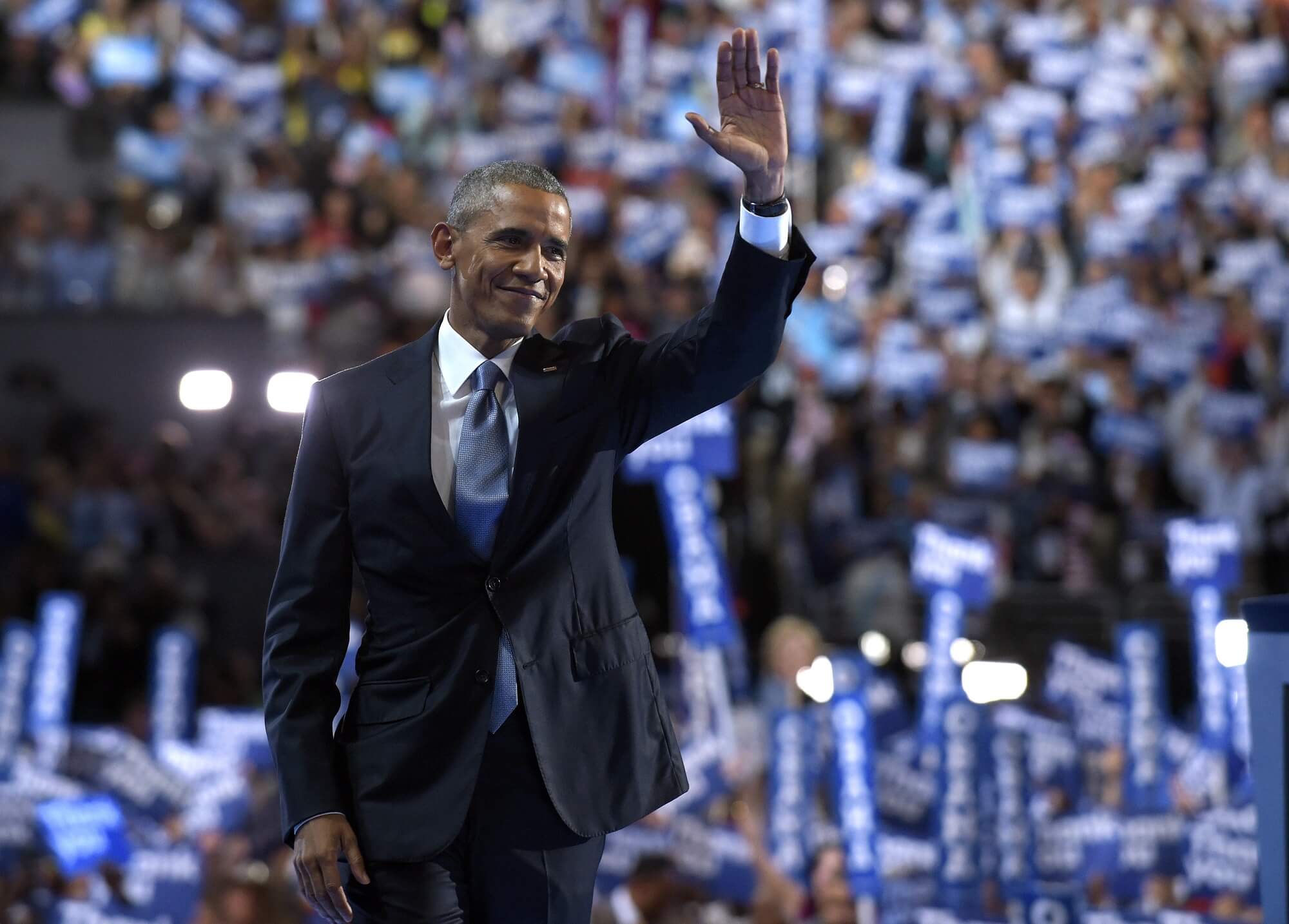 President Barack Obama waves to the crowd after speaking at the Democratic National Convention in Philadelphia, Wednesday, July 27, 2016. (AP Photo/Susan Walsh)