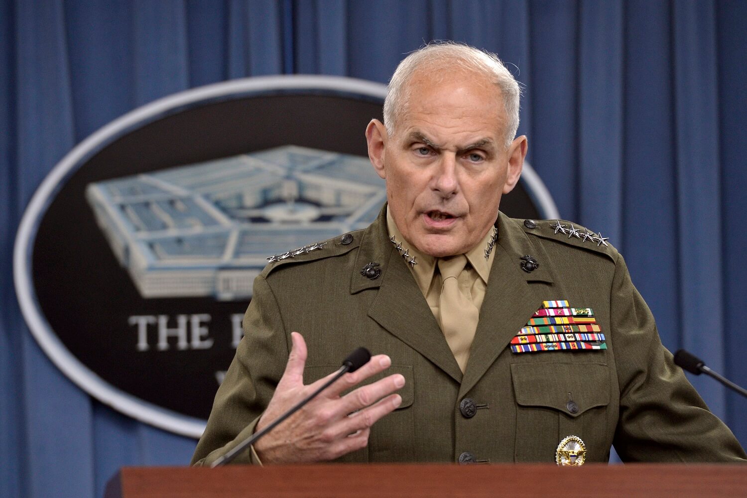 U.S. Southern Command Commander Marine Corps Gen. John F. Kelly briefs the media on the latest developments in his command's efforts to stem the flow of drugs from South and Central America in the Pentagon Press Briefing Room, March 13, 2014. DoD Photo by Glenn Fawcett (Released)