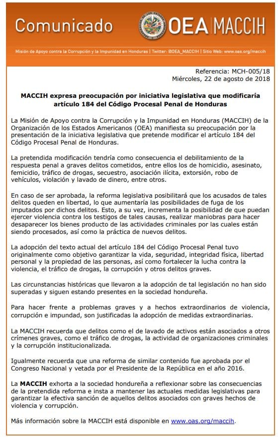 Comunicado MACCIH 184 Comunicado MACCIH 184