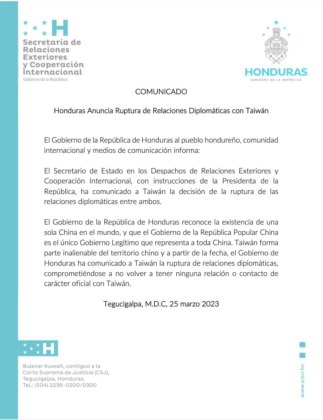 COMUNICADO DE RELACIONES EXTERIORES EN HONDURAS
