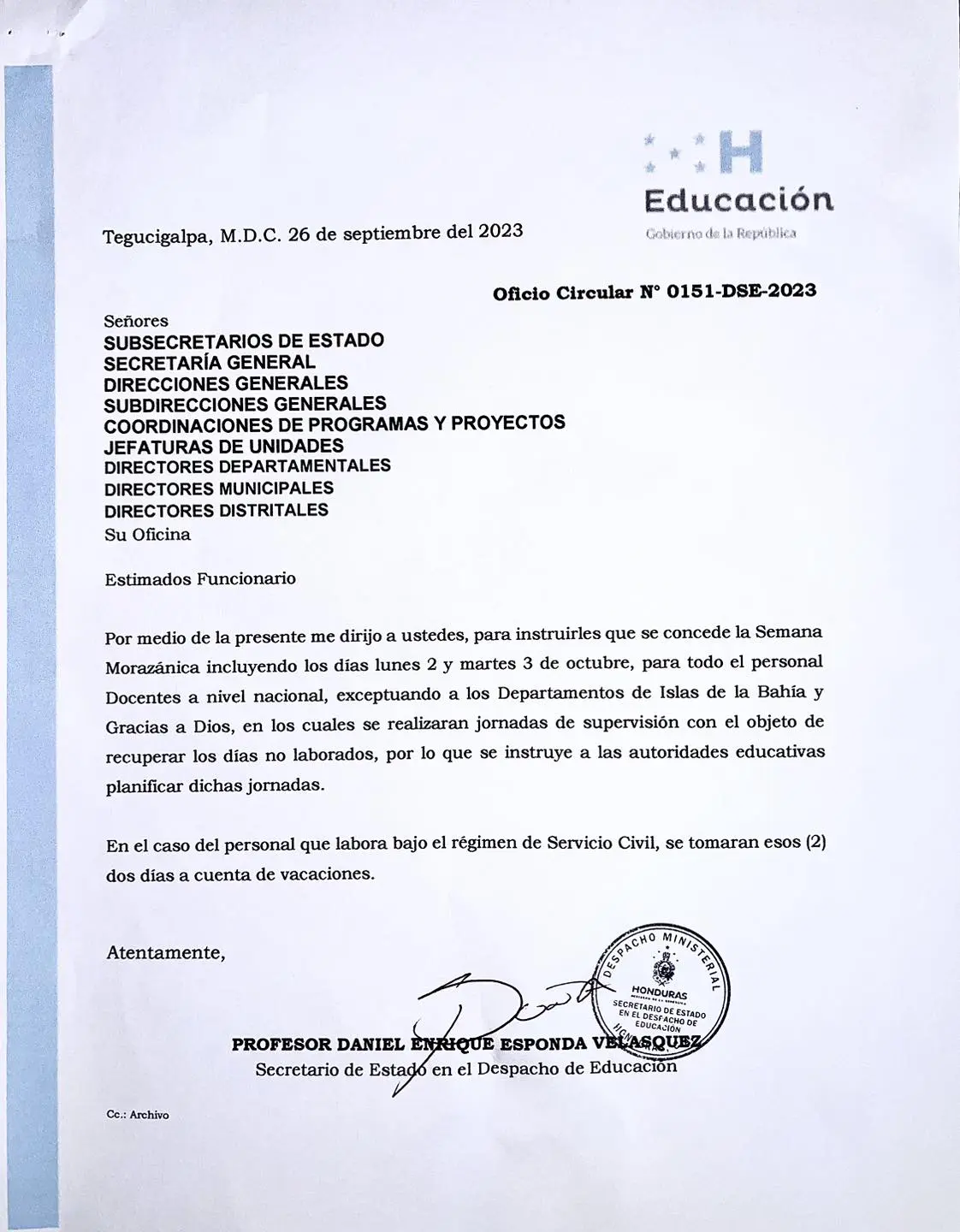 Comunicado de la Secretaría de Educación.
